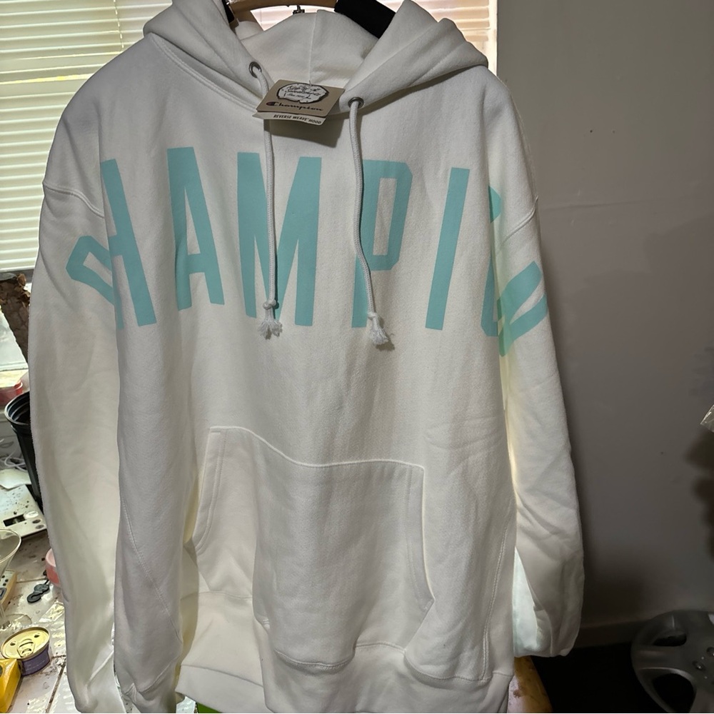 Champion White Hoodie for Men blue and sky blue logo pair XL and 2XL